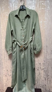 Abito maxi camicia ZARA manica lunga lino verde con cintura e tasche taglia L - Foto 1 di 8