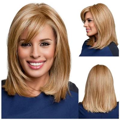 Peluca cosplay rubia con flequillo cabello resistente al calor largo liso Foto 1 de 4