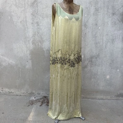 Antique 1920s Green Silk Satin Beaded Gown Maple Leaves Berries Fringe Vintage - Image 1 of 4