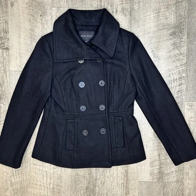 Jaqueta Nine West preta peito duplo casaco mistura de lã tamanho 6 excelente casaco ervilha - Imagem 1 de 4
