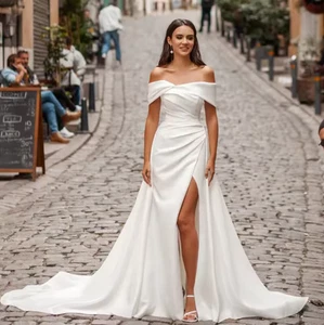 Elegant Off The Shoulder Satin Sheath Mermaid Wedding Dresses Detachable Train - Picture 1 of 13