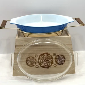 Cazuela dividida vintage Pyrex azul pavo real oscuro 1-1/2 cuarto con tapa y bandeja - Imagen 1 de 8