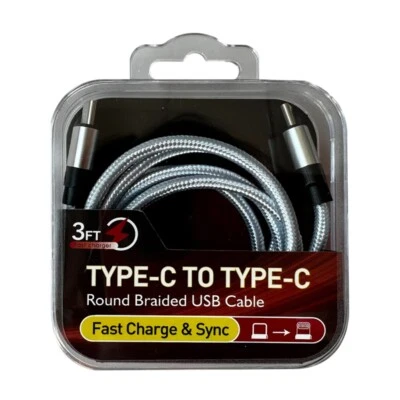 3FT USB-C Male to Type C Fast Charging Sync Nylon Braided Cable PD Cord Silver - Image 1 of 3
