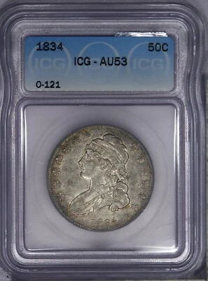 1834 Capped Bust Half Dollar 50c O-121 ICG AU53 - Sweet original coin! - Image 1 of 2