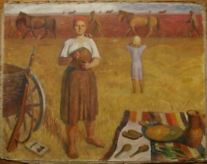 Ukrainian Soviet USSR oil painting avant-garde figure member of a commune 