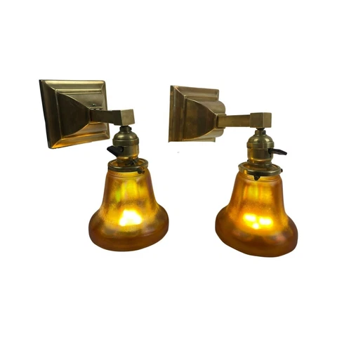 Pair Antique Craftsman Brass Sconces c1908 Art Glass Nuart Shades Restored Cover