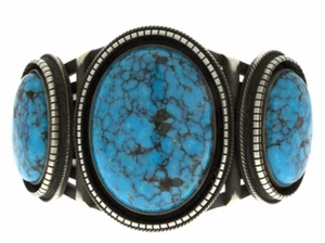 Kingman Turquoise Shadowbox Row Bracelet By Navajo Artist Calvin Martinez - Picture 1 of 6