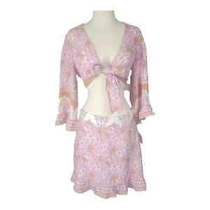 Altar'd State Crop Top sz Small Bell Sleeves Pink Flower Paisley Tie Wrap Blouse - Picture 1 of 11