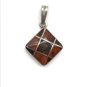 Vintage 925 Sterling Silver Baltic Amber Inlay Square Motif Ladies Pendant - Picture 1 of 6