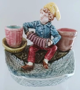 Pretty/Old Majolica Match Holder Striker of Young Musician Playing Accordion - Picture 1 of 7