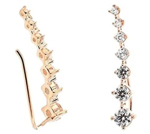Yellow Gold Plated Silver Ear Climbers Crawler CZ Earrings 24mm 1 inch - Picture 1 of 5