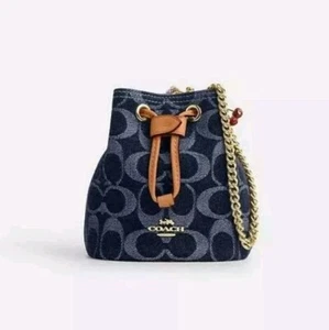 NWT Coach Drawstring Wristlet In Signature Denim Gold/Denim Blue Natural CZ031 - Picture 1 of 7
