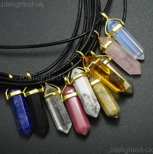 Natural Gemstone Hexagonal Point Reiki Chakra Pendant Real Leather Necklace Gold - Picture 1 of 41