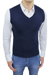 GILET SMANICATO UOMO BLU SLIM FIT CASUAL MAGLIA CARDIGAN SARTORIALE da M a 3XL - Foto 1 di 3