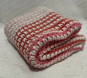 Handmade Crochet Baby Blanket Pink White Striped 39"x38.5" Nursery Cottage Cozy - Imagen 1 de 2