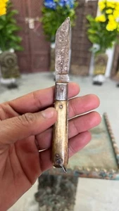 Antique Old Handcrafted Brass Fitted Folding Knife Iron Blade Small Pocket Knife - Picture 1 of 7
