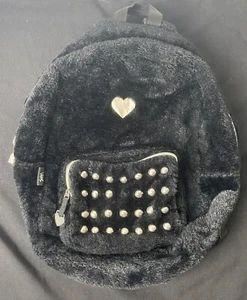 Vintage Vinkel Black Faux Fur Book Bag Studded Pocket Silver Heart Zippers Rare - Picture 1 of 13