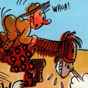 Cartolina d'epoca in lino esercito umorismo "..su e giù nell'esercito" cavallo di testa - Foto 1 di 3