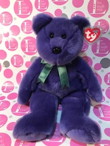 THE BEANIE BUDDIES COLLECTION - TY Employee Bear Purple w/ Green Bow 2000 - Picture 1 of 9
