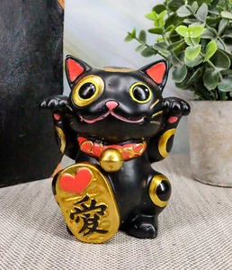 Black Maneki Neko Cat Collector Figurine Japanese Lucky Cat Charm Mao Mao Kitten - Picture 1 of 7