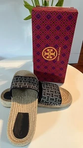 Tory Burch Ribbon Espadrille Slide Herringbone Size 10.5 Color Navy & Ivory - Picture 1 of 9