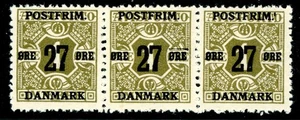 Denmark 1918 Definitive 27o/1o Olive Perf 13 Scott #138 Strip of 3 MNH K507 - Picture 1 of 6