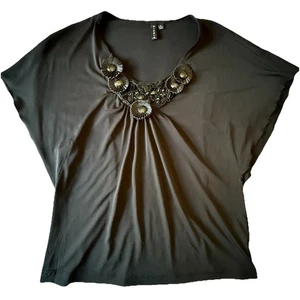 SIONI Embellished  Neckline Blouse Women’s Large Black Top With Black Flowers - Picture 1 of 12