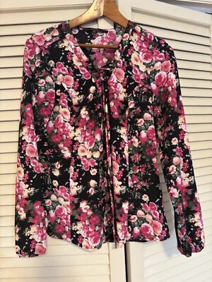 GUESS LOS ANGELES Women’s Floral Black Pink Shirt Blouse Medium 90’s Vintage Top - Image 1 of 4
