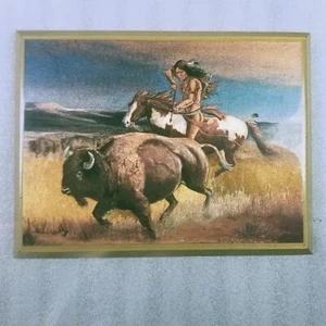 Native American Indian Picture Buffalo Scene Lacquered Wood Vintage Wall Hanging - Picture 1 of 10