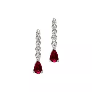 14K White Gold Graduated Diamond and Pear Ruby Drop Earrings - Picture 1 of 1