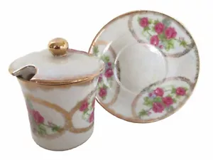 Zuccheriera vintage coperchio piattino Lusterware accento oro cucchiaio tacca Giappone rosa - Foto 1 di 10
