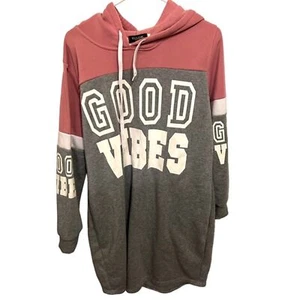 Rouge Good Vibes Hooded Sweatshirt Hoodie Pink Grey 2X Extra Long Retro Style - Picture 1 of 7