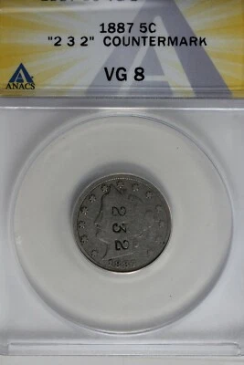 1887 .05 ANACS VG 8  "2 3 2" COUNTERMARK  Liberty Nickel, V Nickel, 5 Cent Piece - Image 1 of 2