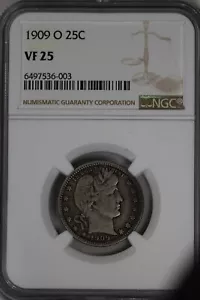1909-O .25 NGC VF25 Barber Quarter, Liberty Head Quarter, Barber 25c, .25 - Picture 1 of 2