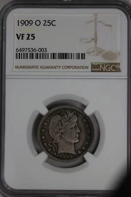 1909-O .25 NGC  VF25 Barber Quarter,  Liberty Head Quarter, Barber 25c, .25 - Image 1 of 2