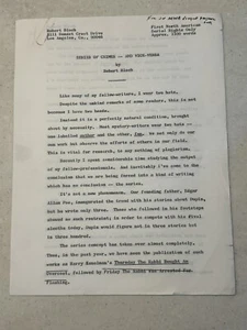 "SERIES OF CRIMES -- AND VICE-VERSA” by ROBERT BLOCH Typed Inscribed Story - Picture 1 of 4