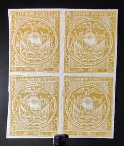 RARE ECUADOR STAMPS 1866 1r OLIVE YELLOW ORIGINALS Sc #4a MINT BLK 4 MNG VF B1U6 - Picture 1 of 20