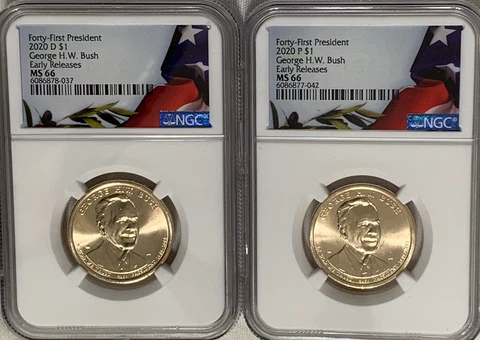 2020 P & D GEORGE H.W. BUSH 41st President $1 Coin NGC MS 66 Early Releases Both Cover