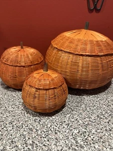 Juego de canasta de calabaza de aspecto vintage tapa de mimbre tejida naranja SH4 - Imagen 1 de 14