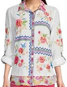 John Mark Tunika Bluse Damen 2x bestickt Blumen Boho Top Shirt Kolibri - Bild 1 von 10
