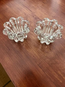 Set of 2 Vintage KIG Indonesia Pressed Glass Taper Candle Holders, Ribbed Flower - Picture 1 of 7