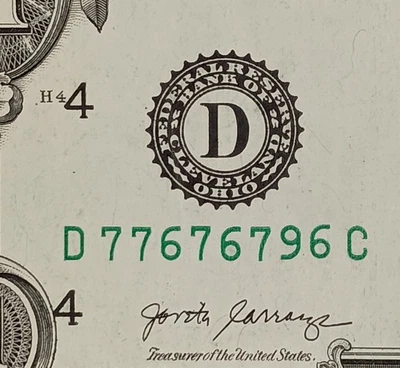 D77676796C $1 Overprint Shift Misaligned Misprint Error Note One Dollar 2017A - Image 1 of 4