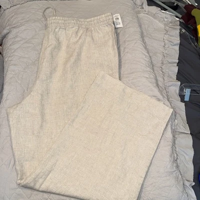 NWT women’s LL Bean Pull On Drawstring Pants Linen 22W Oatmeal Boho Beachy - Image 1 of 4