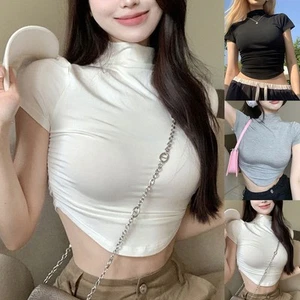 T-shirt donna estive moda collo alto manica corta crop top essenziali - Foto 1 di 24
