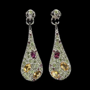 925 Sterling Silver Earrings Oval Citrine 6x4mm Peridot Natural Gemstone Jewelry - Picture 1 of 13