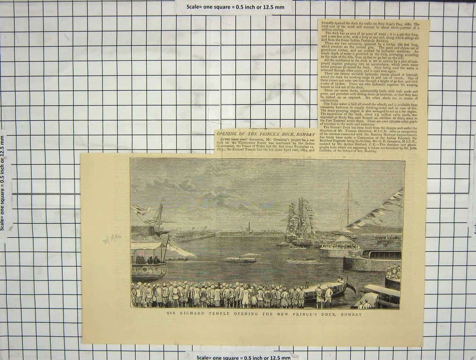 Original Old Antique Print 1880 Sir Richard Temple Opening Prince'S Dock Bombay — 第 1/1 张图片