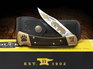 Buck 110 Wild Life Series Bear Folding Hunter Knife Ebony Wood 420HC Stainless - Picture 1 of 4