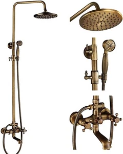 Antique Brass Exposed Shower System Set 8 in Rainfall Shower Head With Tub Spout - Picture 1 of 6