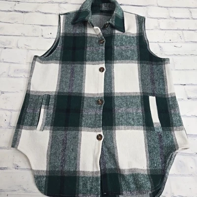 Chaleco a Cuadros de Franela para Mujer Talla Grande Verde Blanco Con Botones Bolsillos Largos Informal Foto 1 de 4