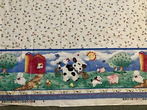 Vtg Rare White flowered fabric with Farmyard Animals border print 1 3/4 yds - Picture 1 of 2